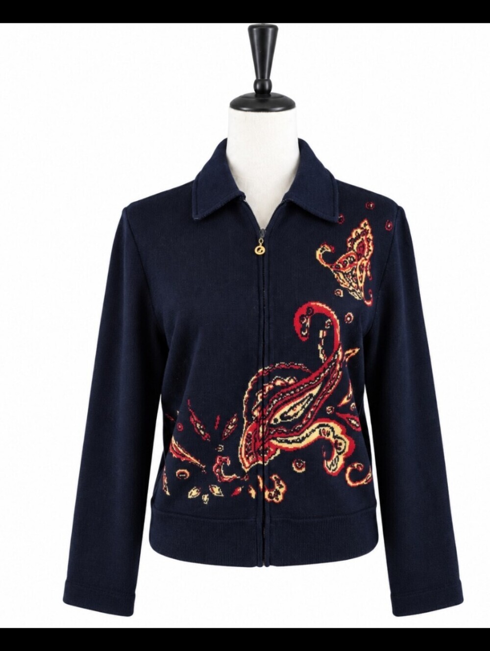 St John Sport Marie Gray Vintage Navy Paisley Zip Jacket USA Made Size S